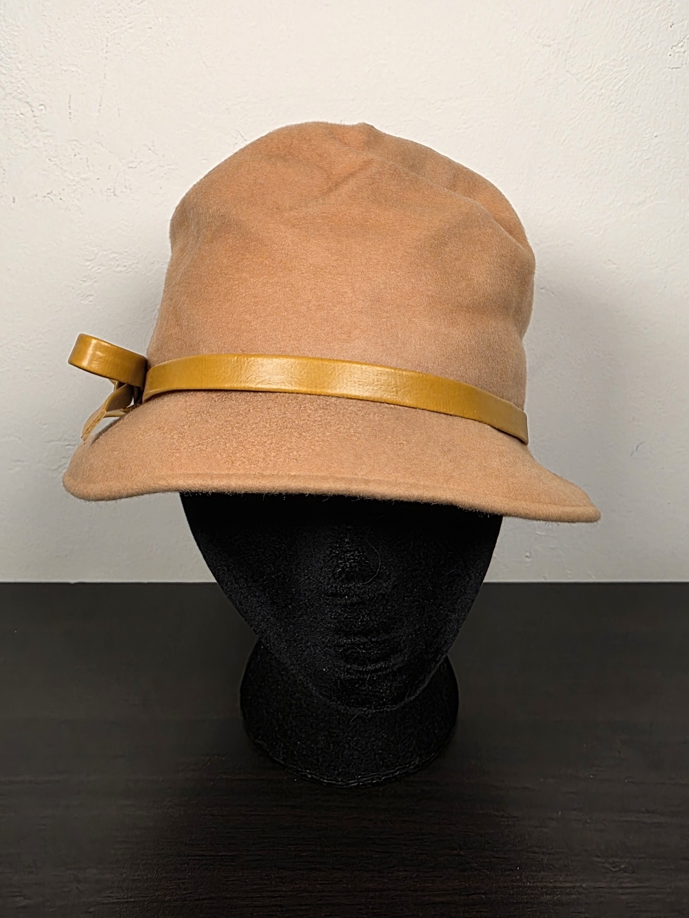 Vintage 60s Camel Wool Cloche Hat Leather Bow Henry Pollak